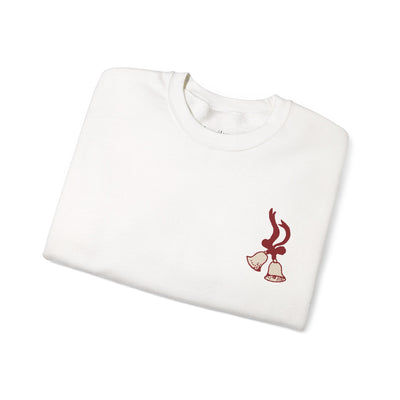 Vintage Merry Christmas crewneck sweatshirt with bell and Santa sleigh design by Brew’d Up Designs