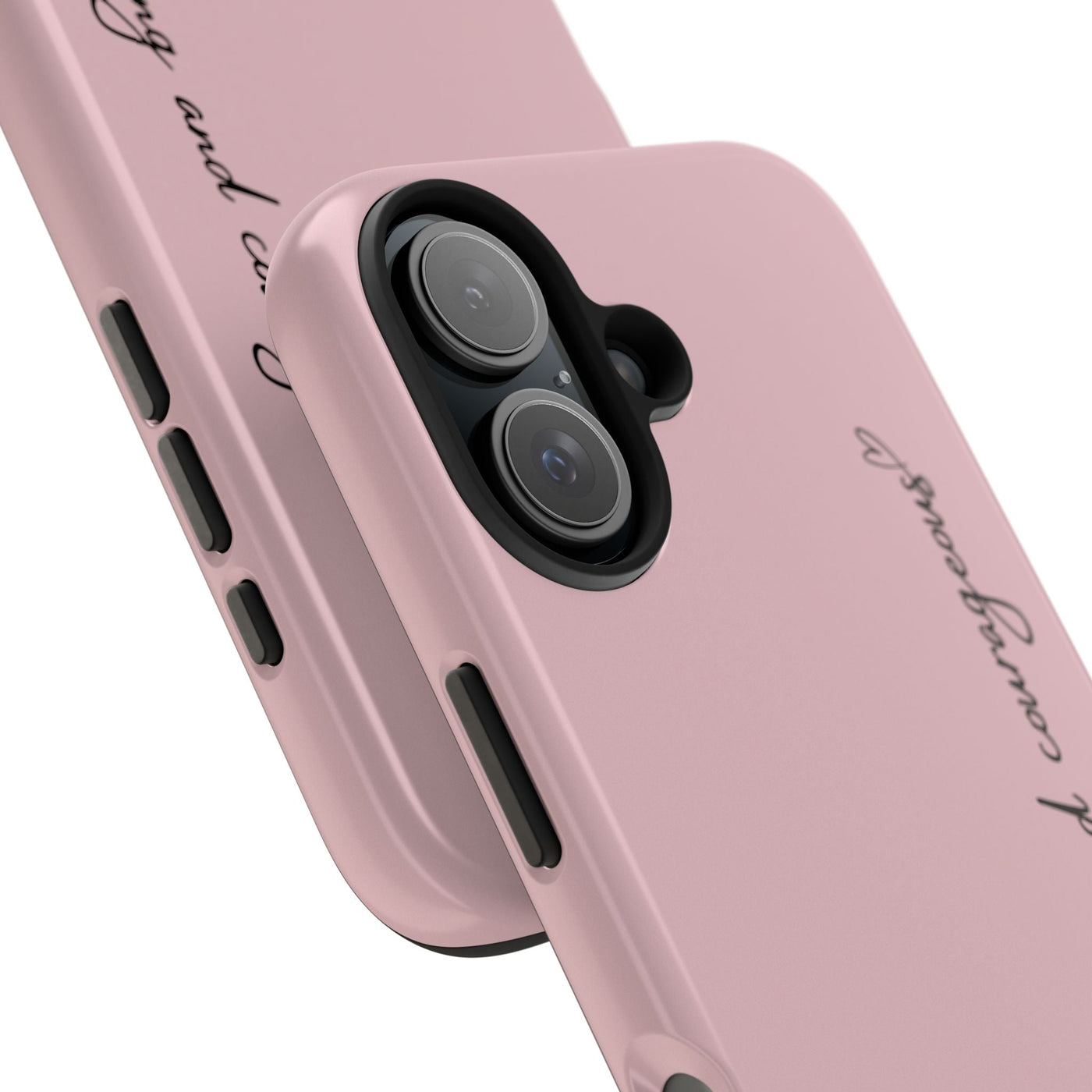 Close-up of pink inspirational tough phone case with "Be strong and courageous" text and dual-layer protection for iPhone and Samsung models
