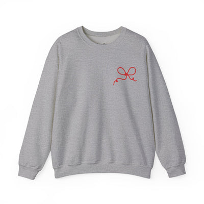 Grey Coquette Bow Crewneck Sweatshirt with red bow design, festive and comfortable cotton-poly blend