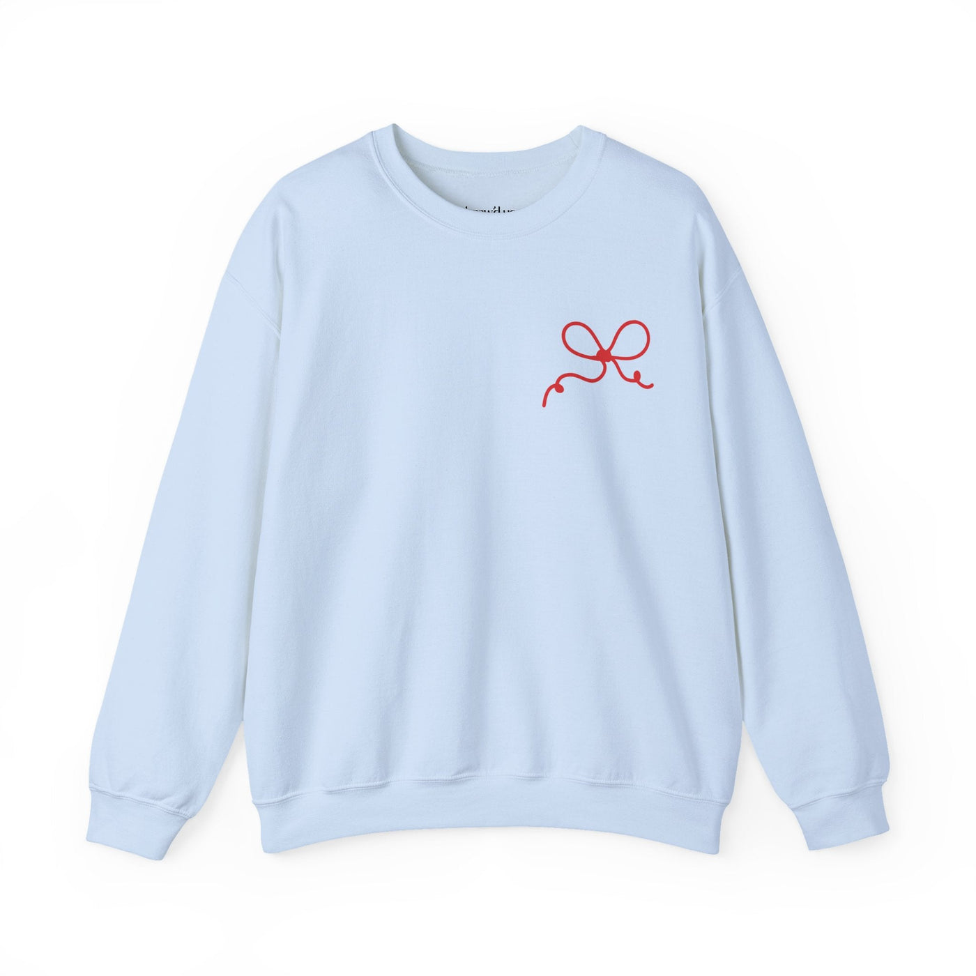Light blue Coquette Bow Crewneck Sweatshirt with red bow design on chest, festive and comfortable cotton-poly blend.