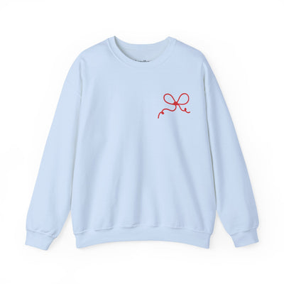 Light blue Coquette Bow Crewneck Sweatshirt with red bow design on chest, festive and comfortable cotton-poly blend.