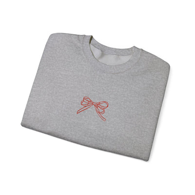 Gray Holiday Bow Crewneck Sweatshirt with red bow design, festive and comfortable holiday apparel