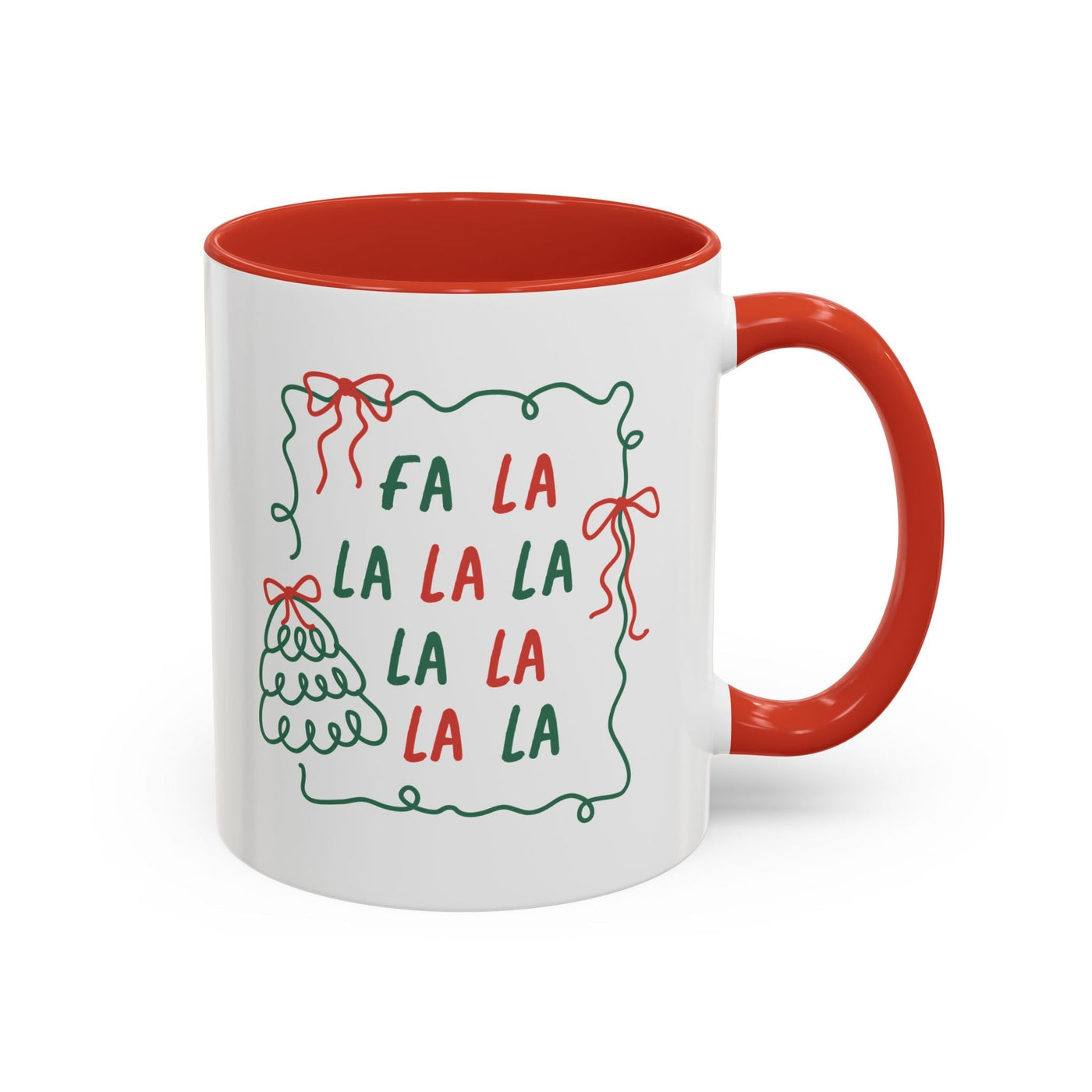 Fa La La Christmas Coffee Mug with red handle and festive green and red minimalist holiday design on white ceramic