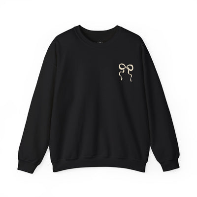 Black Coquette Christmas Faith Crewneck Sweatshirt with coquette bow design on front and festive inspiration text on back