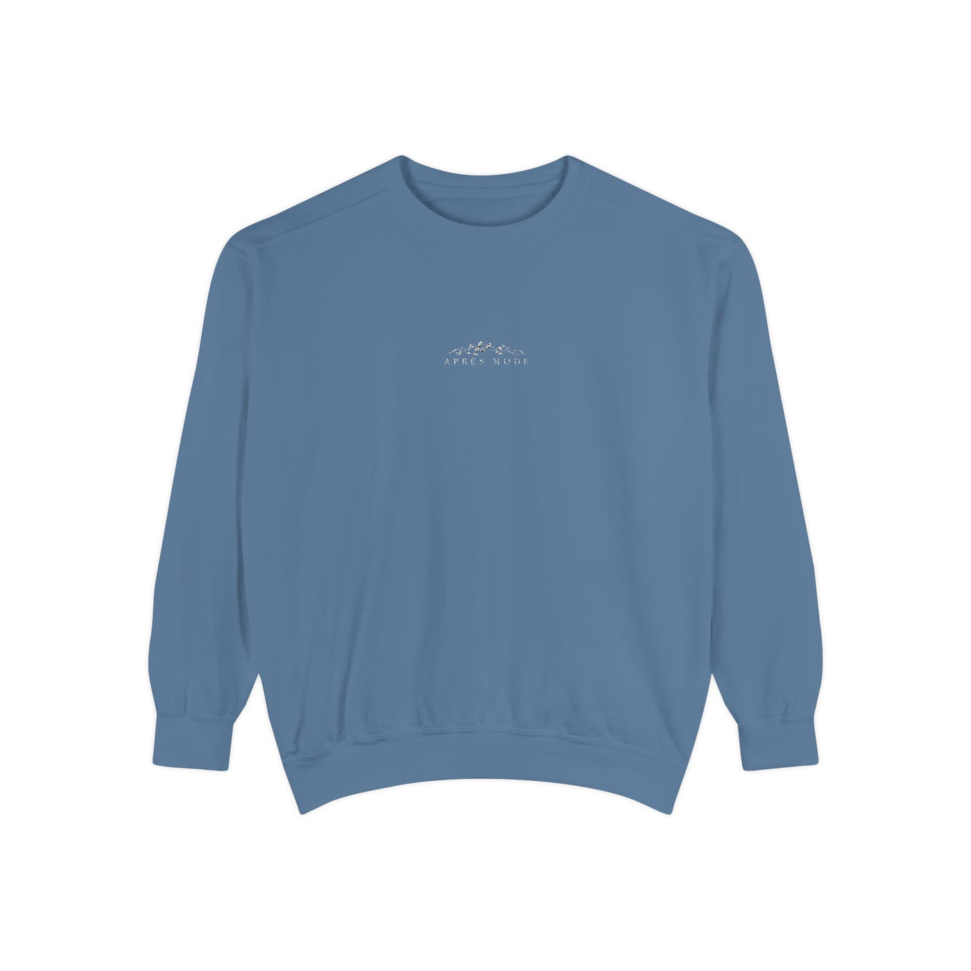 Unisex blue sweatshirt with mountain skiing embroidery and 'apres Mode' text, soft cotton blend, relaxed fit.