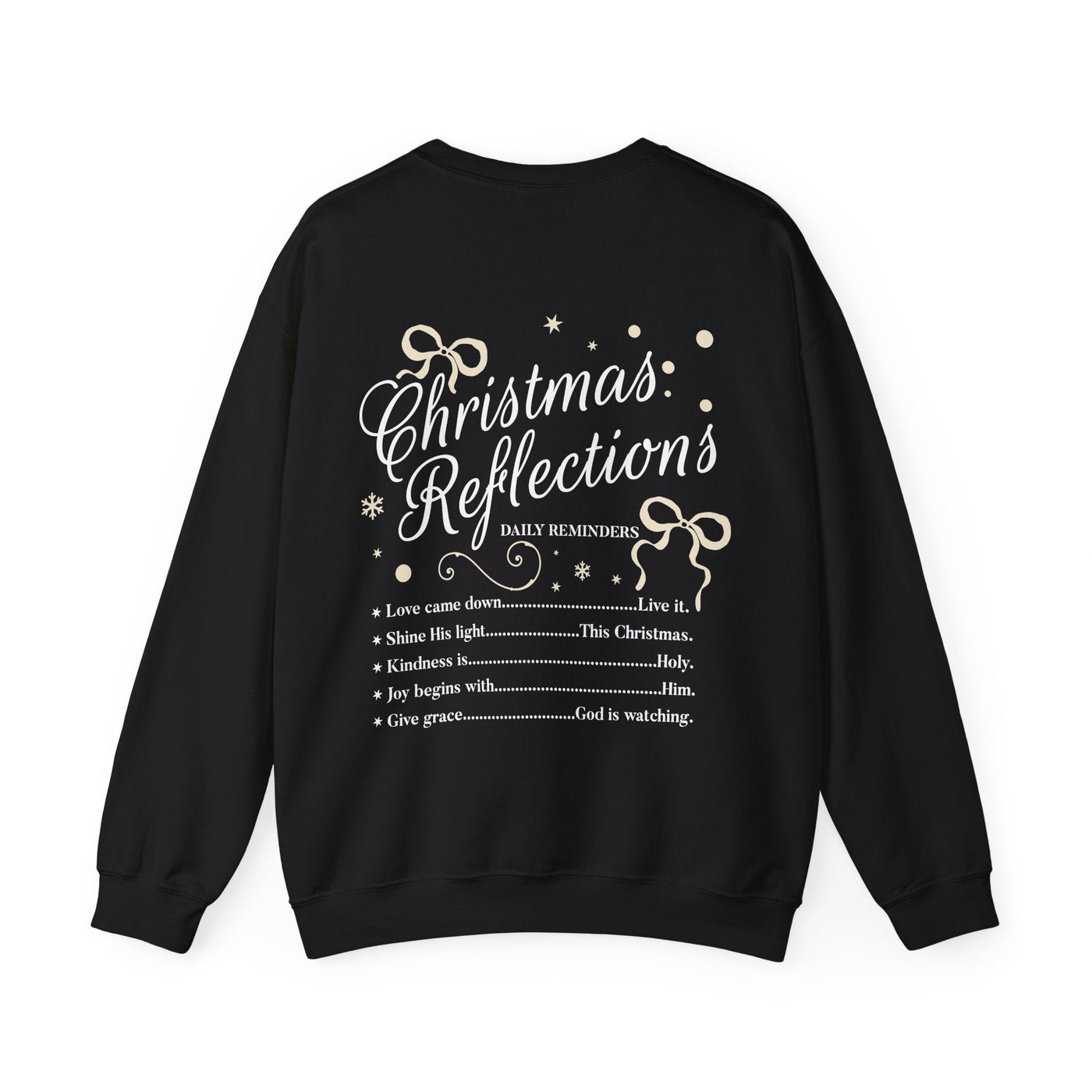 Black Coquette Christmas Faith Crewneck Sweatshirt with festive bow and inspirational holiday reflections text design on back