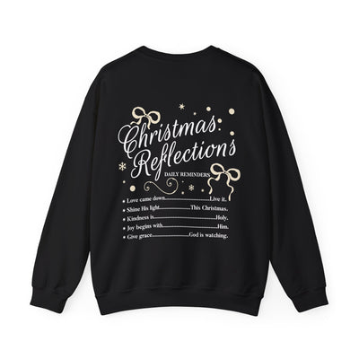 Black Coquette Christmas Faith Crewneck Sweatshirt with festive bow and inspirational holiday reflections text design on back
