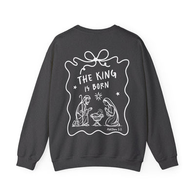 Black Coquette Bow Crewneck Sweatshirt with "The King is Born" nativity faith design on back