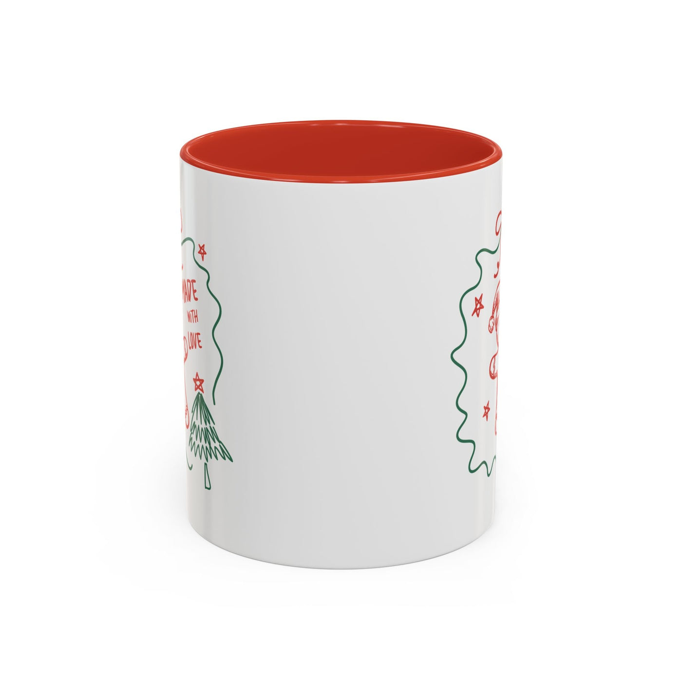 Minimalist festive Christmas coffee mug with red interior and holiday design, ceramic, available in 11oz and 15oz sizes