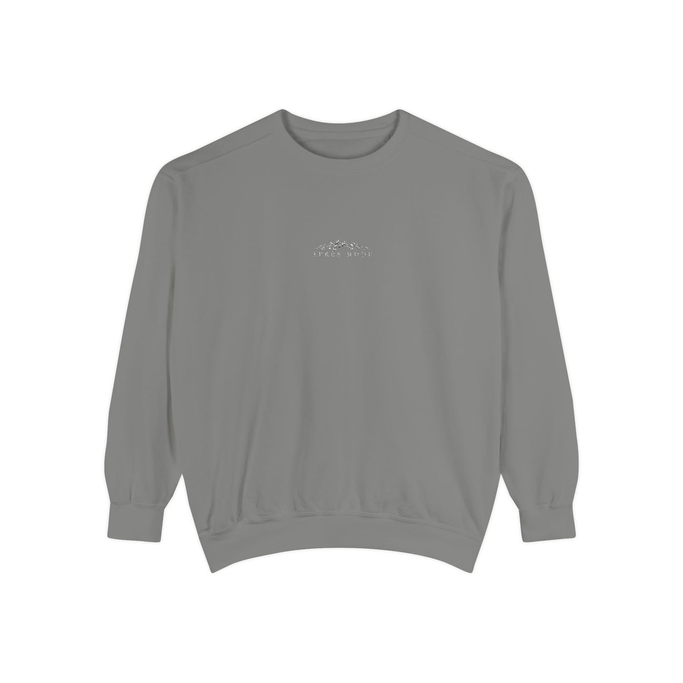 Gray unisex sweatshirt with embroidered mountain skiing scene and 'apres Mode' text, relaxed fit, cotton-polyester blend.
