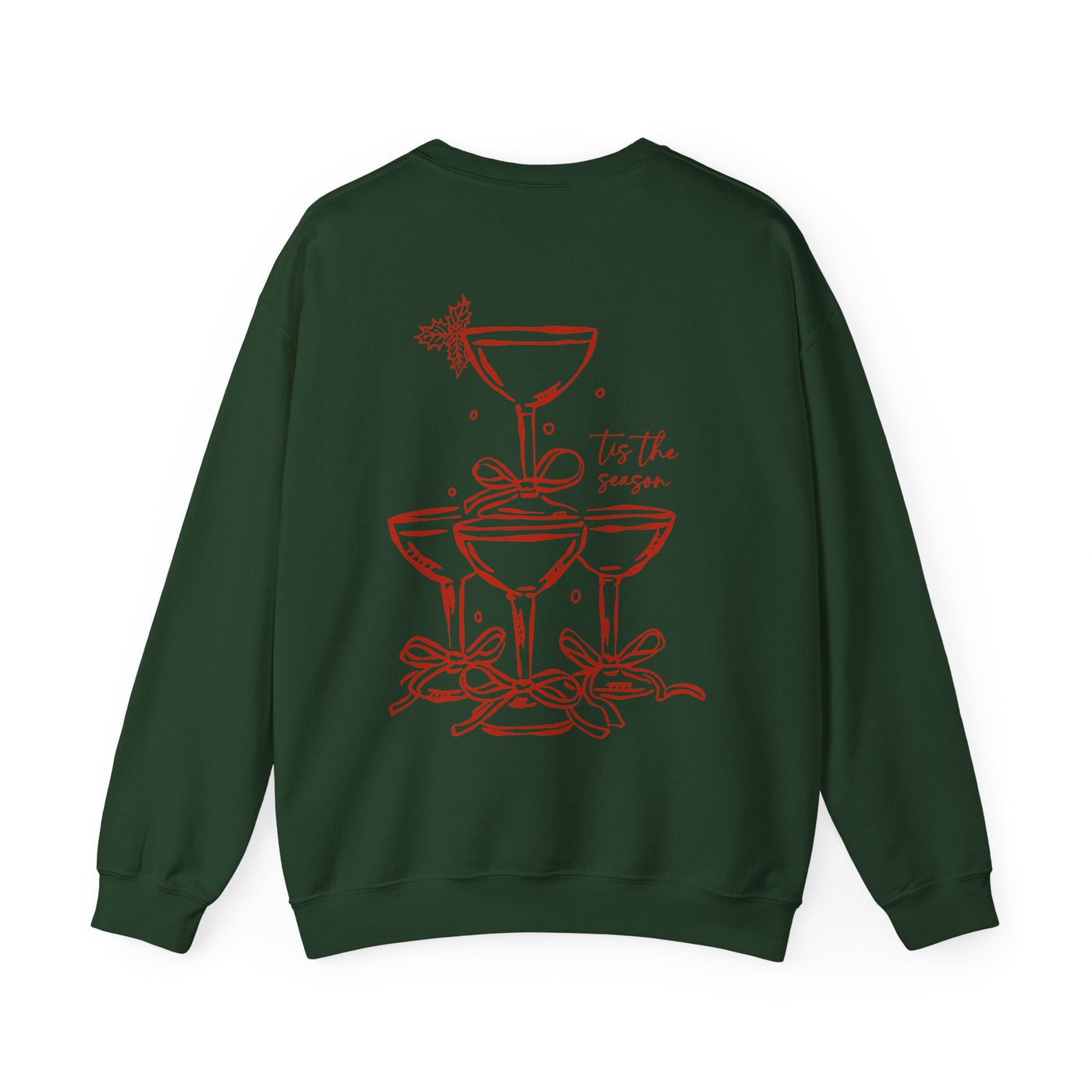 Holiday Bow Crewneck Sweatshirt in dark green with red festive bow and champagne tower design on the back, cozy and durable holiday apparel.