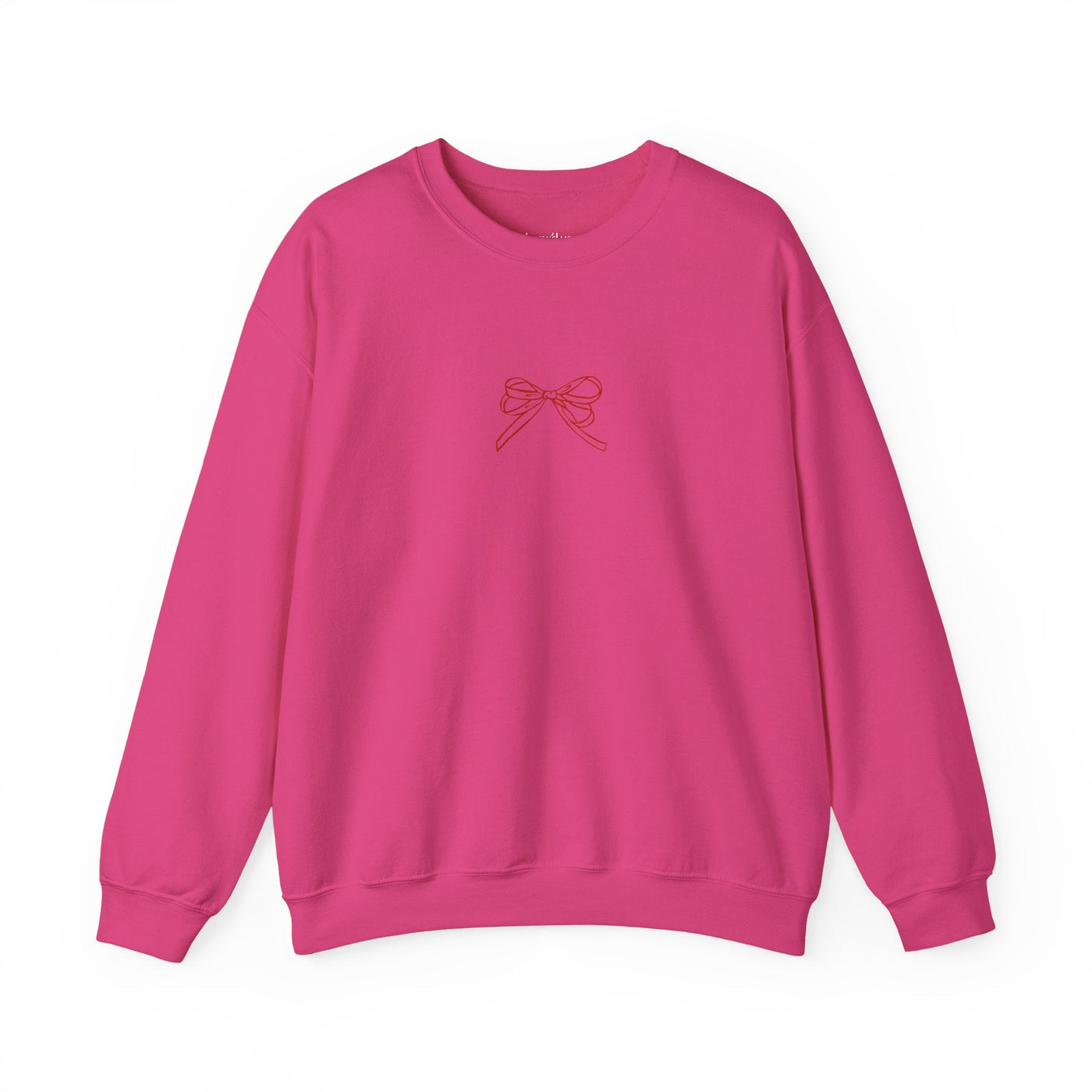 Pink Holiday Bow Crewneck Sweatshirt with festive bow embroidery, classic fit, and durable cotton blend