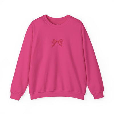 Pink Holiday Bow Crewneck Sweatshirt with festive bow embroidery, classic fit, and durable cotton blend