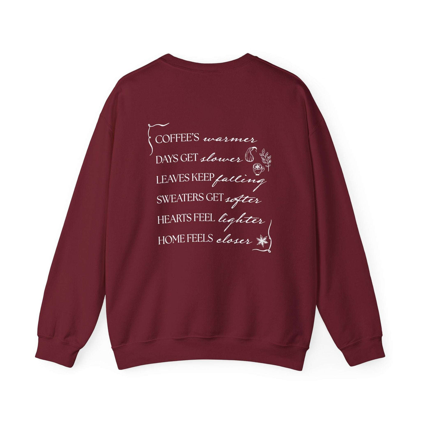 Maroon Fall Things Sweatshirt with cozy autumn verse for coffee lovers and homebodies, minimalist crewneck design