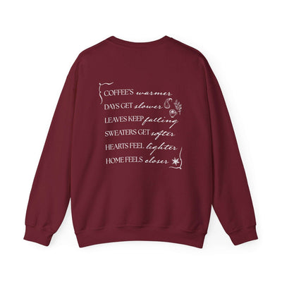 Maroon Fall Things Sweatshirt with cozy autumn verse for coffee lovers and homebodies, minimalist crewneck design