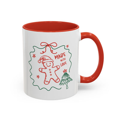 Festive Christmas coffee mug with red interior and handle, decorated with gingerbread man and tree design, ceramic holiday cup in 11oz and 15oz sizes