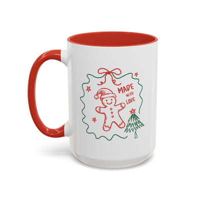 Festive Christmas coffee mug with red interior and handle, featuring a gingerbread man and tree design with "Made with Love" text