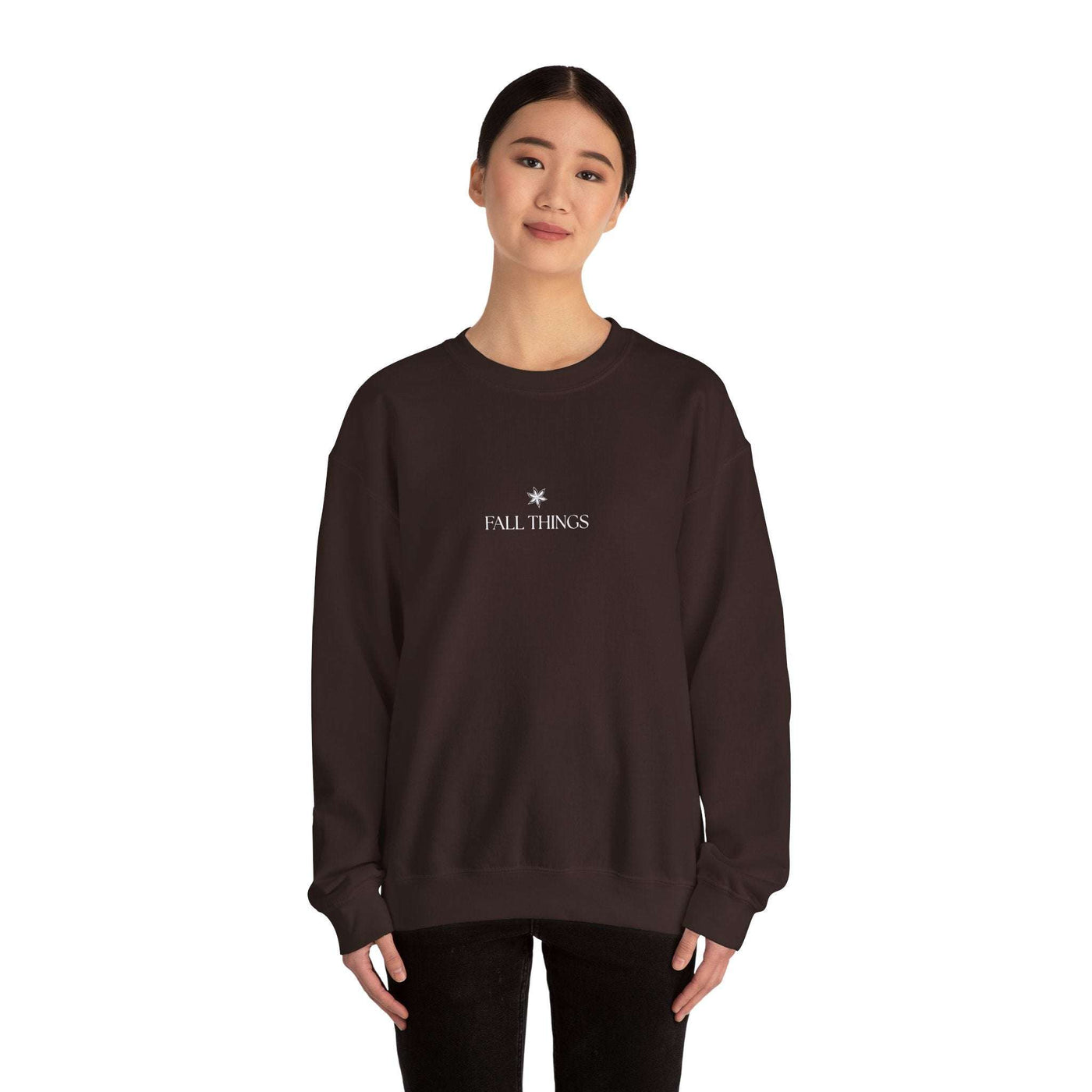 cozy minimalist brown Fall Things sweatshirt with white text on front, worn by model