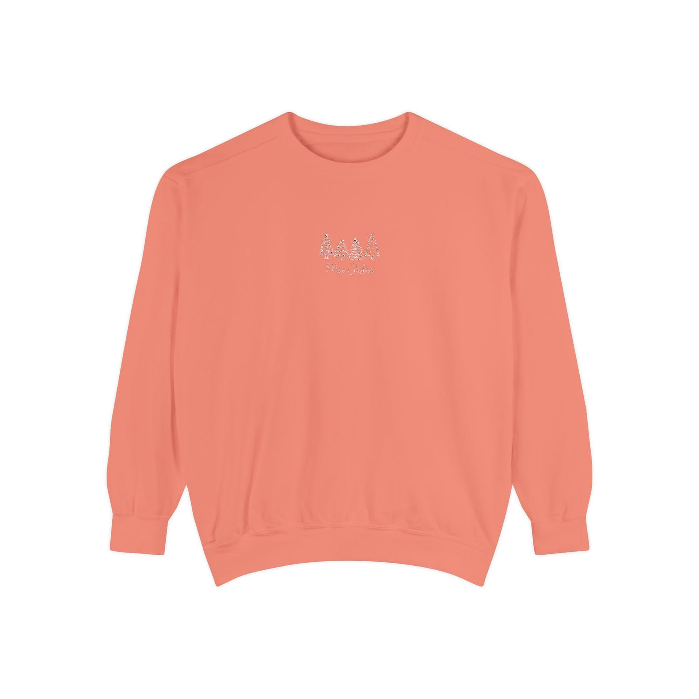 Cozy unisex coral sweatshirt with minimalist tree embroidery and ribbed cuffs.