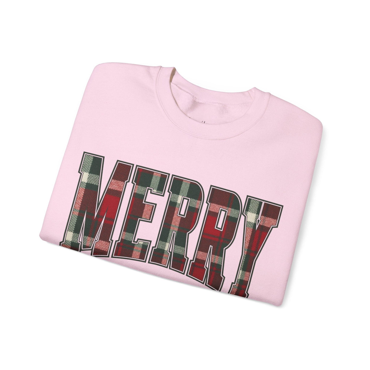 Folded pink crewneck sweatshirt with "MERRY" plaid Christmas graphic for festive holiday wear