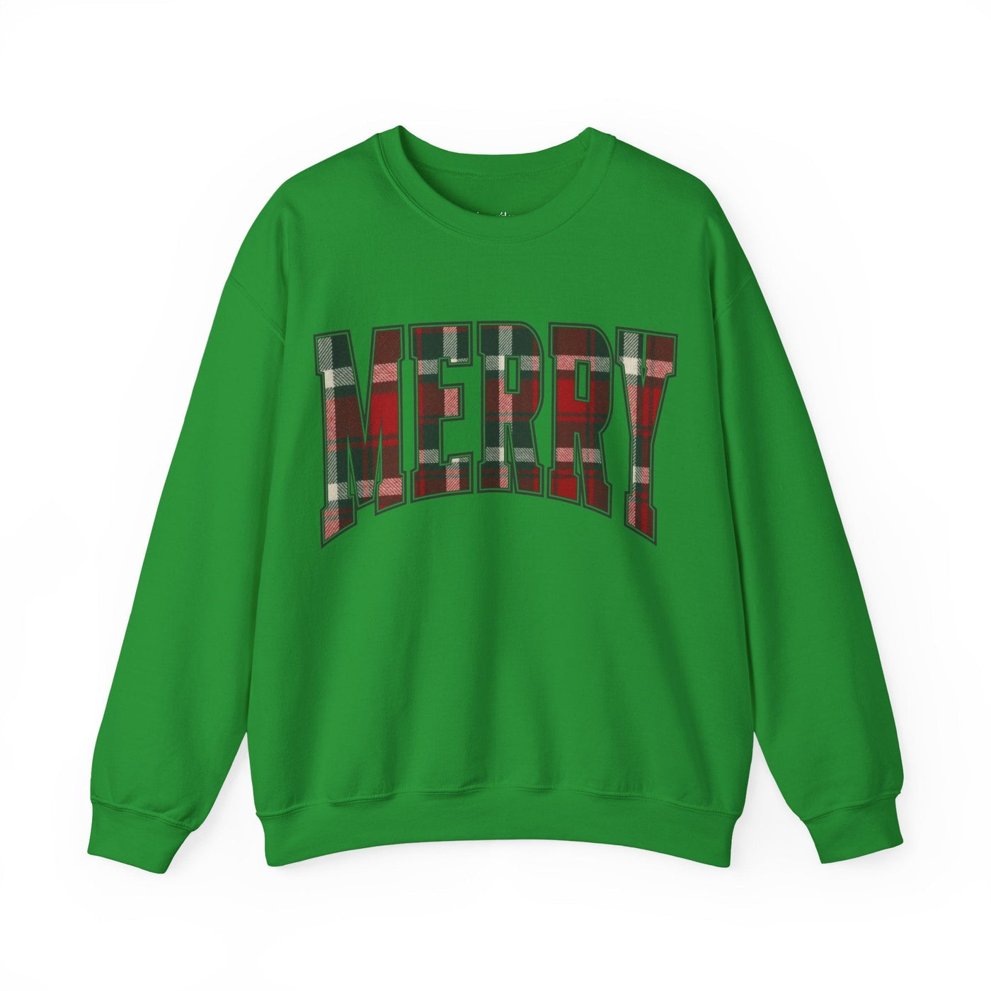 Green Christmas crewneck sweatshirt with plaid "MERRY" graphic and holiday theme