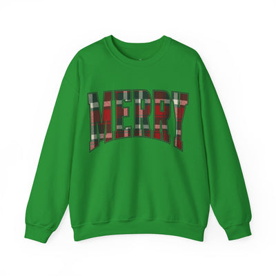 Green Christmas crewneck sweatshirt with plaid "MERRY" graphic and holiday theme