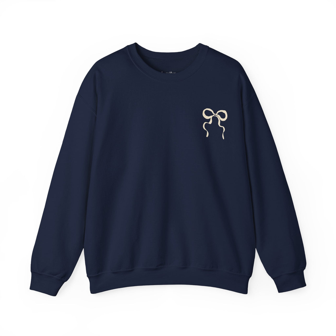 Navy Coquette Christmas Faith Crewneck Sweatshirt with bow design and festive inspirational text on back
