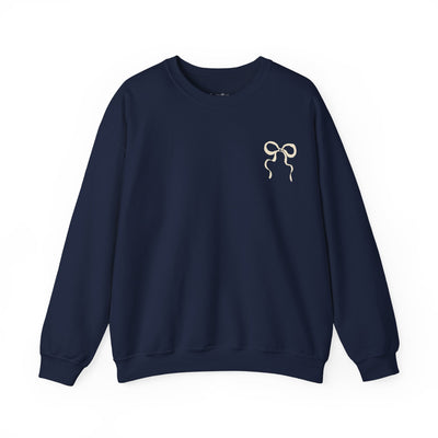 Navy Coquette Christmas Faith Crewneck Sweatshirt with bow design and festive inspirational text on back