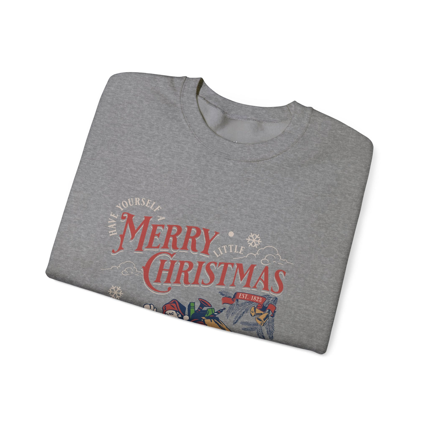 Folded grey vintage Santa crewneck sweatshirt with Merry Christmas holiday design