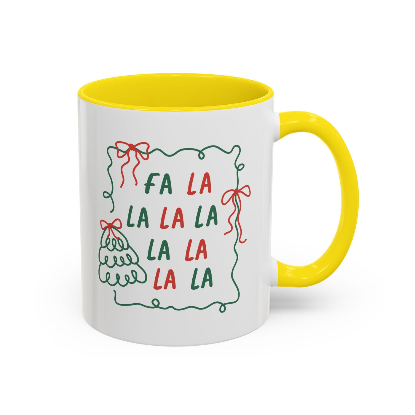 White ceramic Fa La La Christmas coffee mug with yellow handle and interior, minimalist holiday text and Christmas tree design