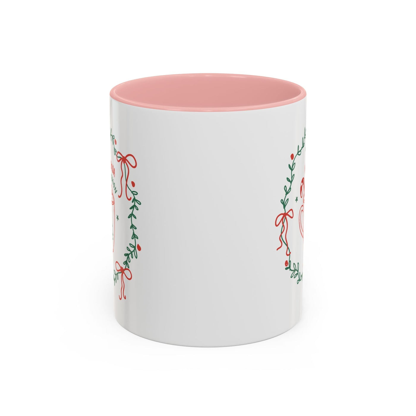 White ceramic mug with red interior and green festive wreath design, available in 11oz and 15oz sizes