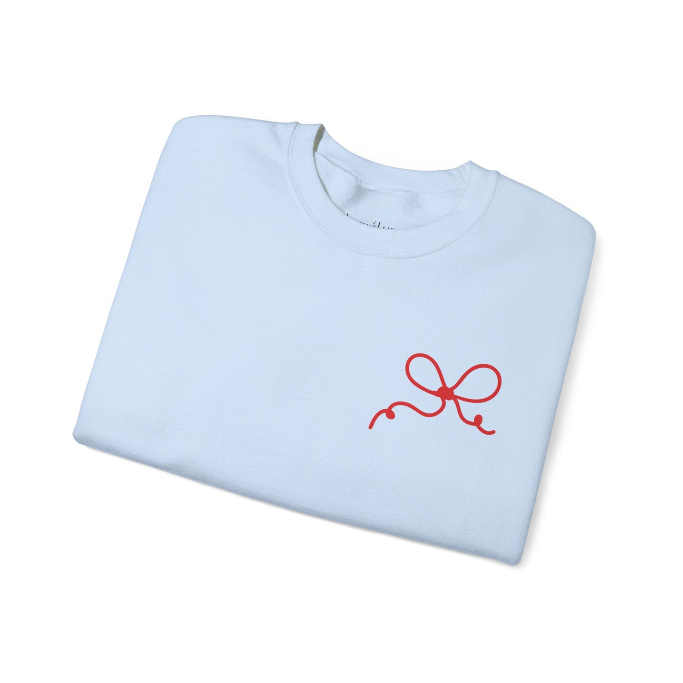 Light blue Coquette Bow Crewneck Sweatshirt with red bow design on front and festive "The King is Born" theme.