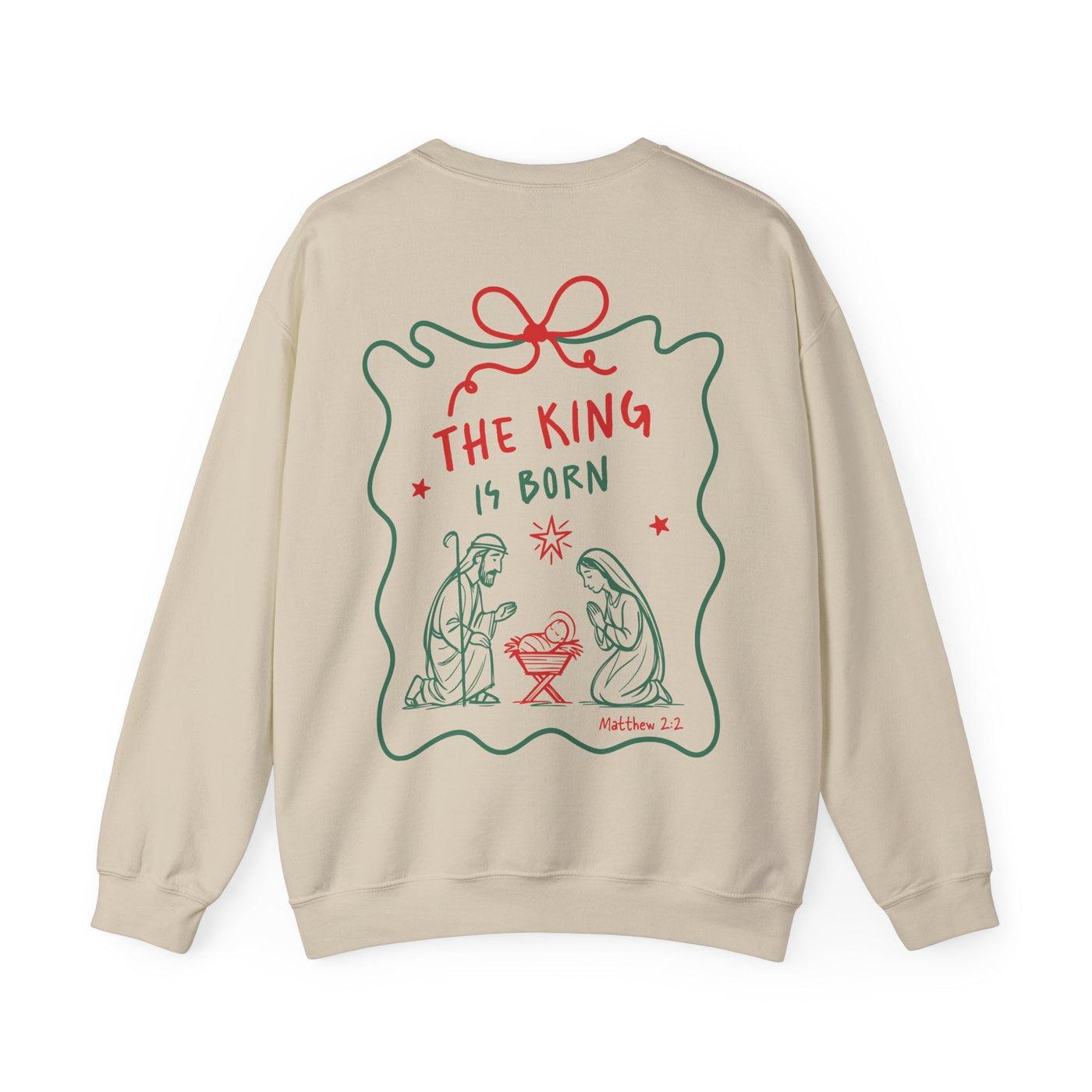 Coquette Bow Crewneck Sweatshirt with "The King is Born" nativity design in festive red and green on beige background
