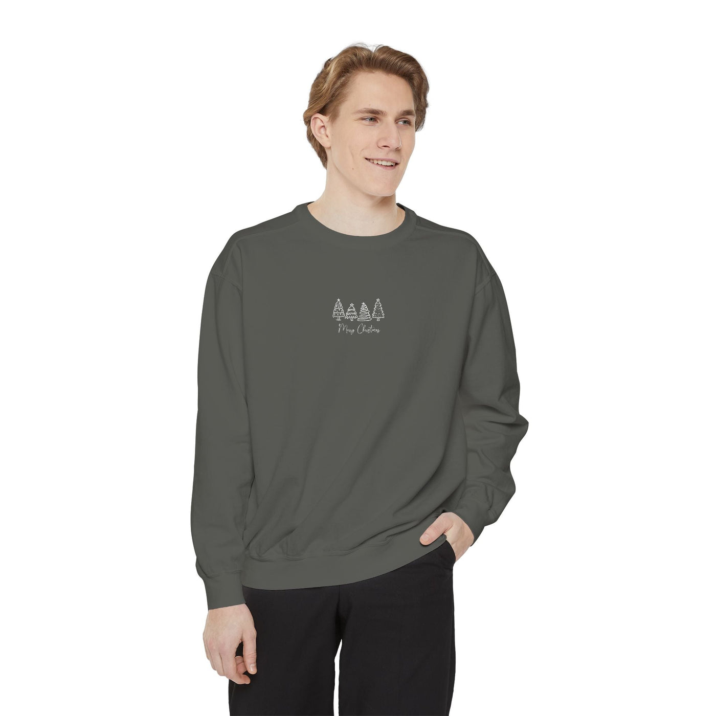 Cozy unisex garment-dyed sweatshirt with minimalist tree embroidery, soft cotton-polyester blend, ribbed cuffs and collar, perfect casual wear