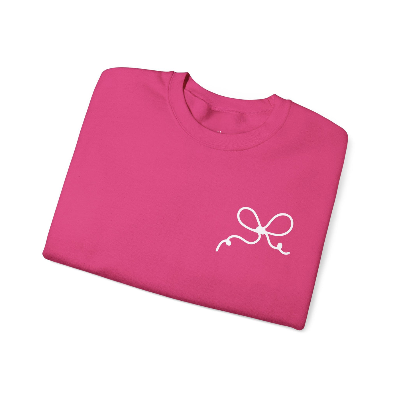 Pink coquette bow crewneck sweatshirt with white bow design on front, comfortable cotton-poly blend