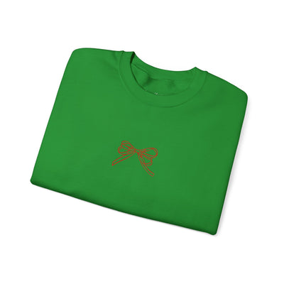 Green Holiday Bow Crewneck Sweatshirt with red bow embroidery on front, festive holiday design