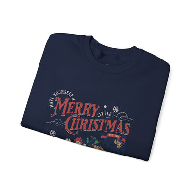Vintage Santa Crewneck holiday sweatshirt with Santa carrying a gift bag going into chimney, navy blue festive design
