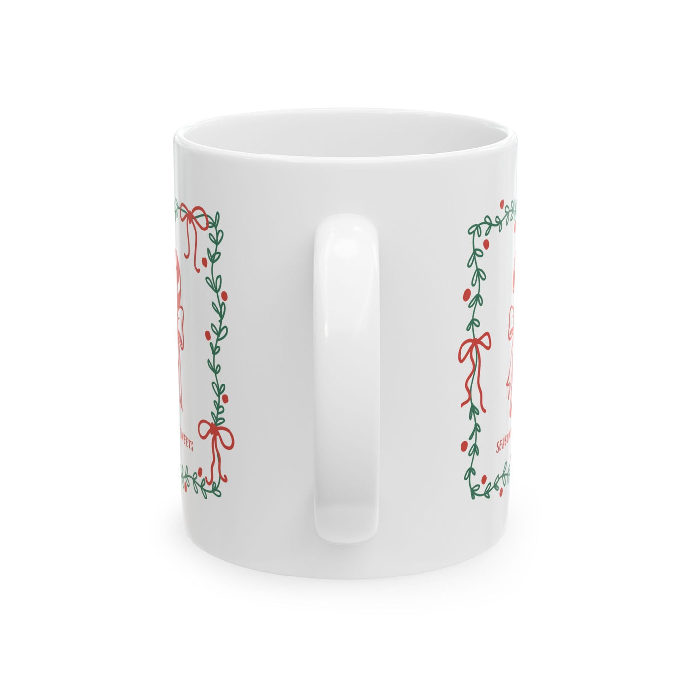 White ceramic mug with green border and candy cane "Season of Sweets" holiday design, available in 11oz and 15oz sizes.