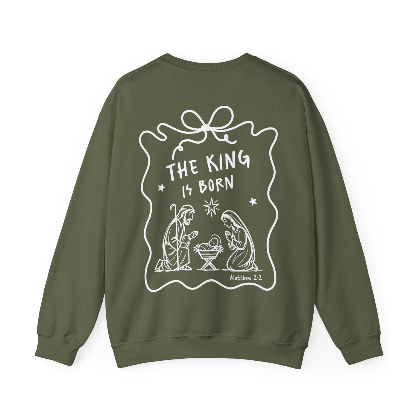 Olive Coquette Bow Crewneck Sweatshirt with "The King is Born" faith design and festive graphic