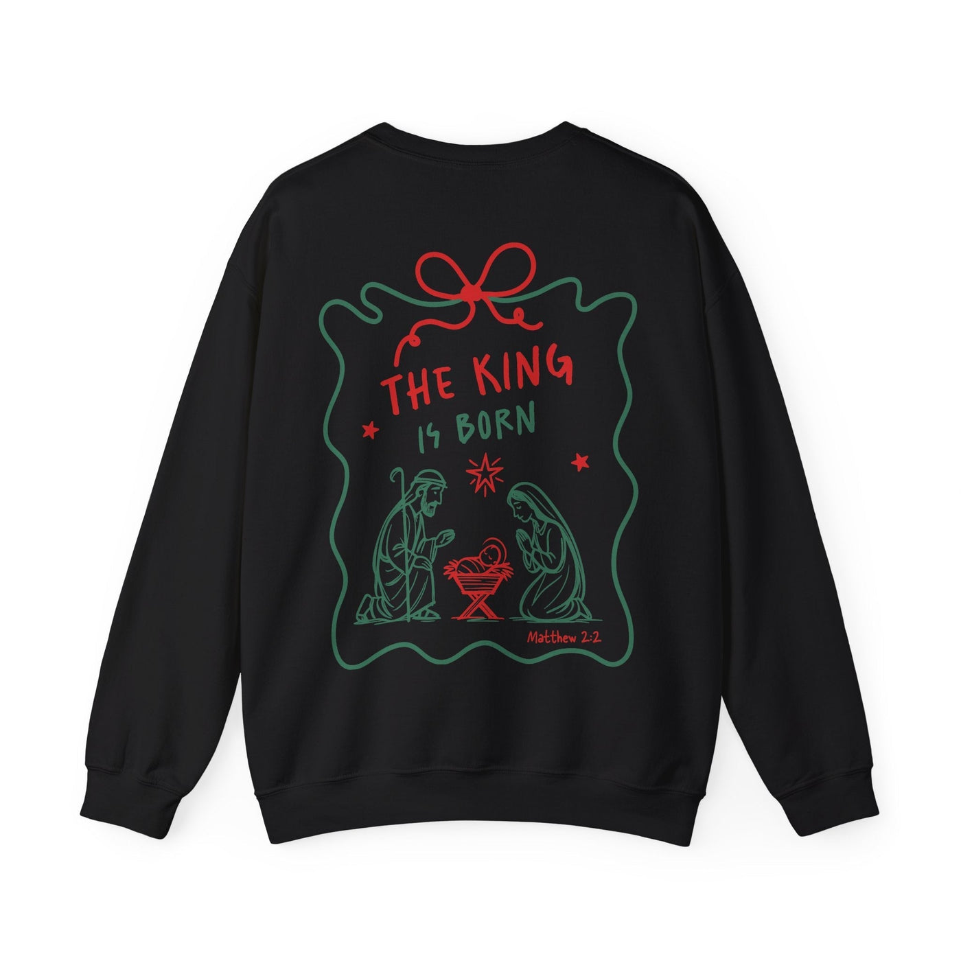 Black Coquette Bow Crewneck Sweatshirt with festive "The King is Born" faith design and Christmas nativity illustration on back