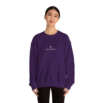 woman wearing purple Fall Things Sweatshirt cozy minimalist crewneck for autumn and coffee lovers