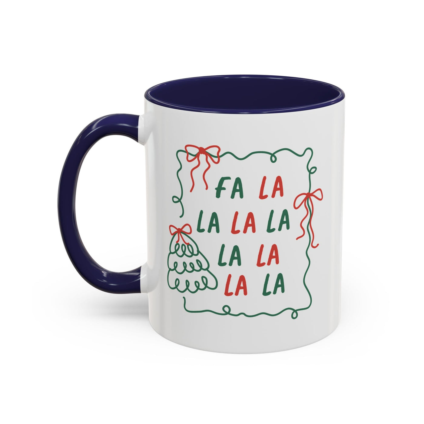 Fa La La Christmas Coffee Mug with minimalist holiday design, white ceramic, navy handle, microwave and dishwasher safe