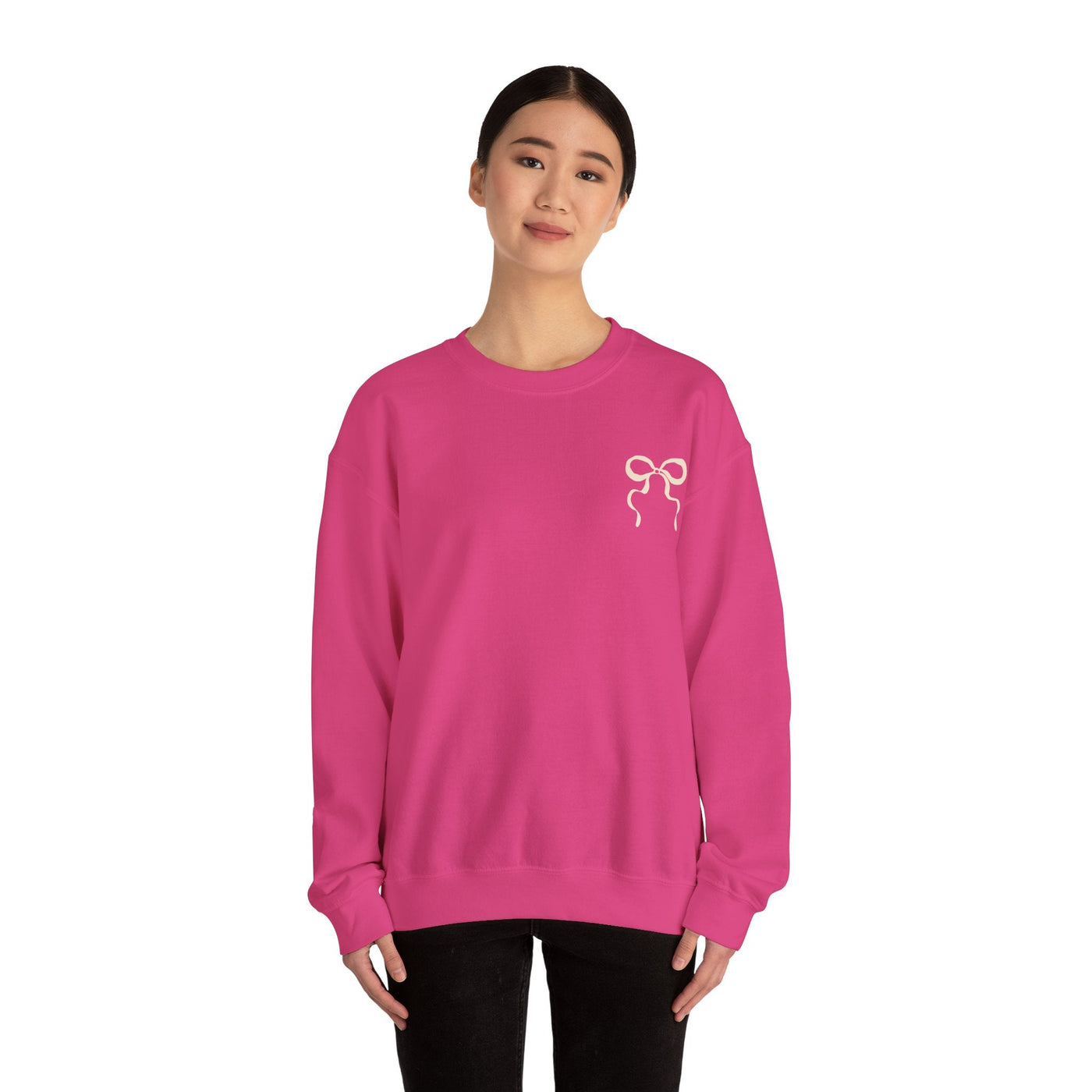 Coquette Christmas Faith Crewneck sweatshirt in pink with bow design, unisex, cozy holiday wear