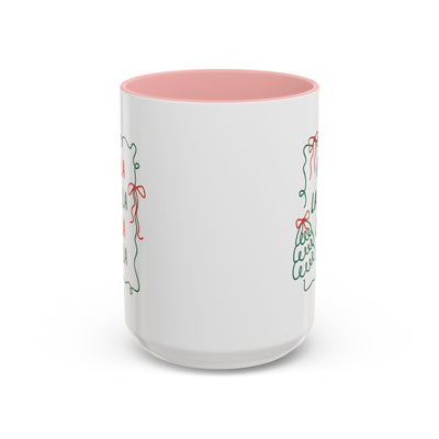 Fa La La Christmas Coffee Mug with minimalist holiday design, white ceramic, pink interior, microwave and dishwasher safe.