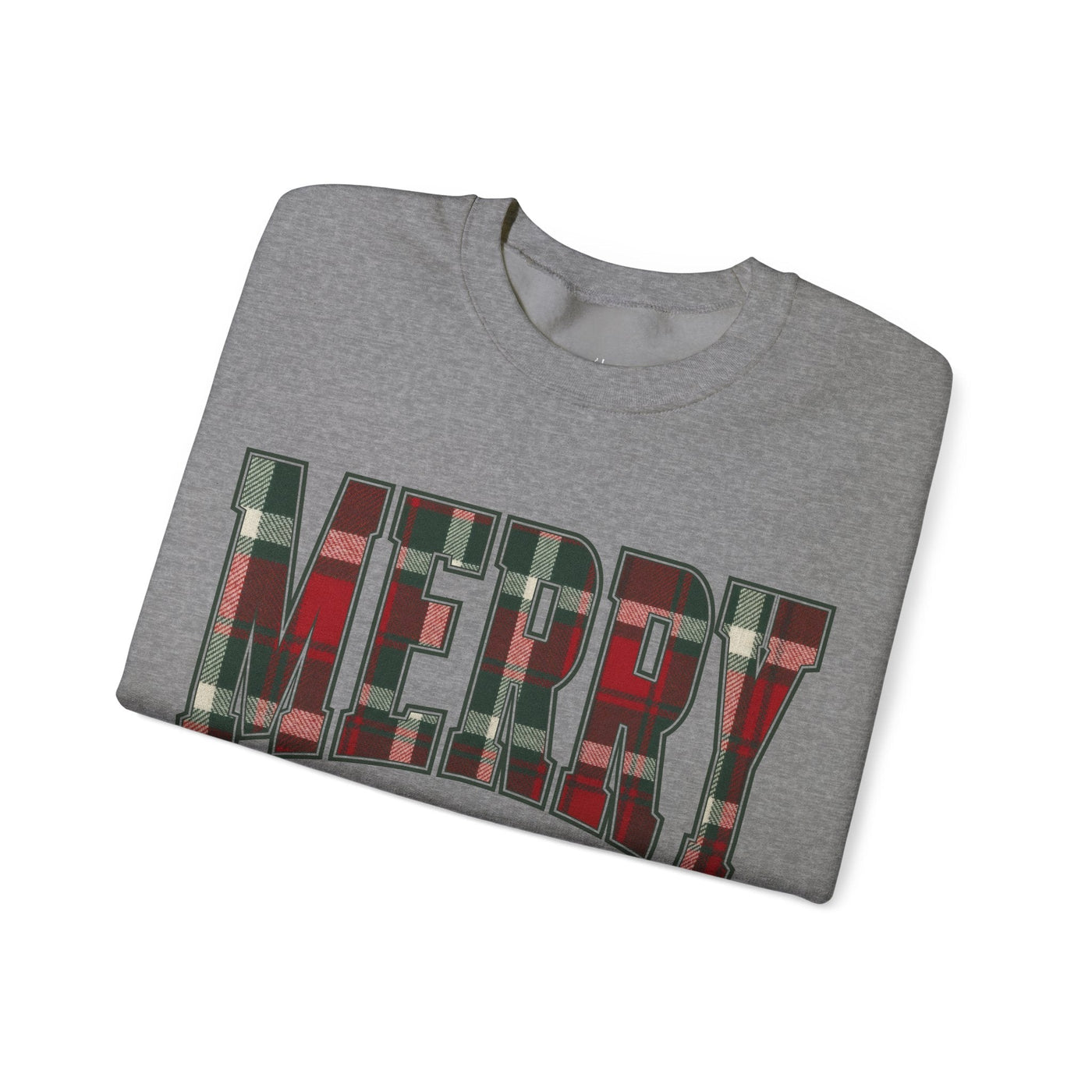 Gray crewneck sweatshirt with MERRY Christmas plaid graphic in red and green colors