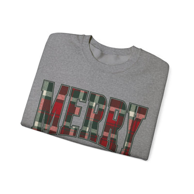 Gray crewneck sweatshirt with MERRY Christmas plaid graphic in red and green colors