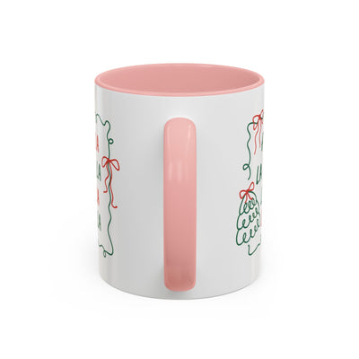 Fa La La Christmas Coffee Mug with minimalist holiday design, white ceramic, pink handle and interior, microwave and dishwasher safe