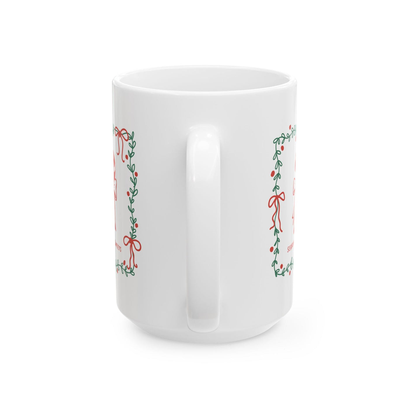 White ceramic "Season of Sweets" mug with green border and candy cane design, 11oz and 15oz sizes