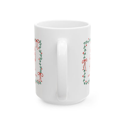 White ceramic "Season of Sweets" mug with green border and candy cane design, 11oz and 15oz sizes
