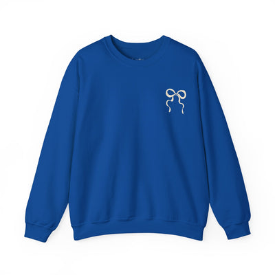 Coquette Christmas Faith Crewneck sweatshirt in blue with coquette bow design, unisex and cozy holiday wear